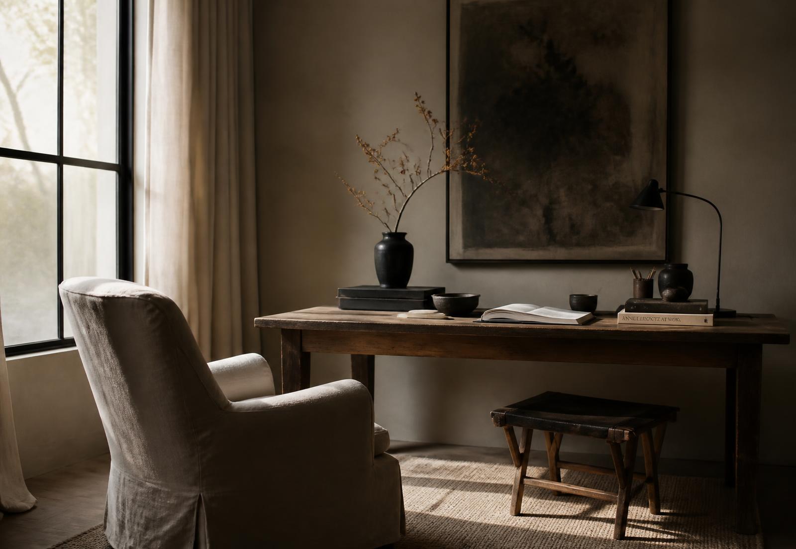 A quiet, sunlit workspace with a linen chair and wooden desk
